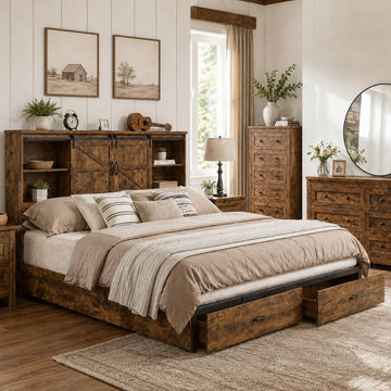 Bed Frame, Wooden Platform Storage Bed with 51.2" Bookcase Headboard, 2 Drawers, Charging Station/No Box