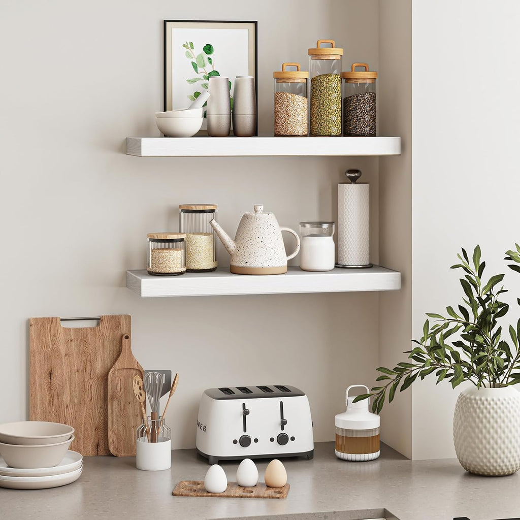 Floating Wall Shelves for Decor (White, Set of 2, 22Inch) | MDF Shelf with Metal Brackets, Space Saving for Books