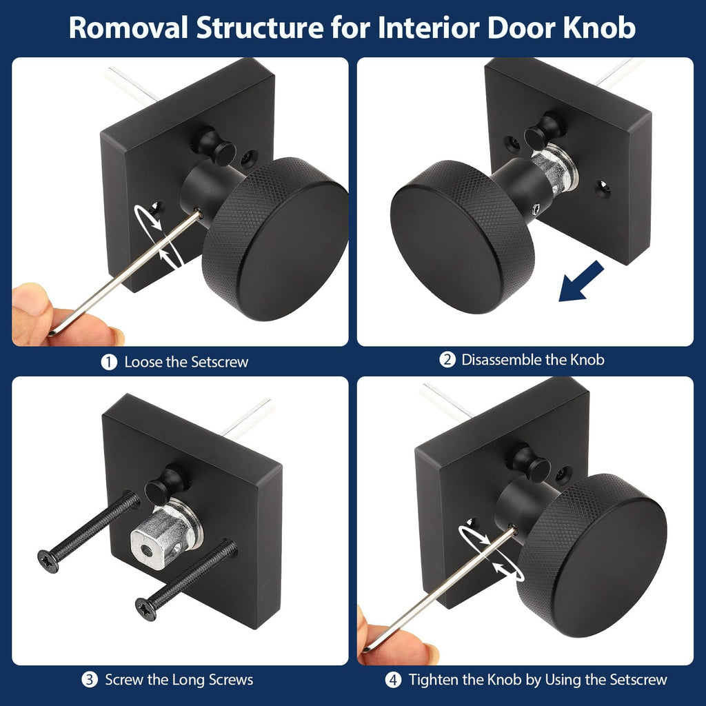 Matte Black Privacy Door Knobs Interior, Zinc Alloy Keyless Black Door Knobs with Lock , Knurled Heavy Duty Square