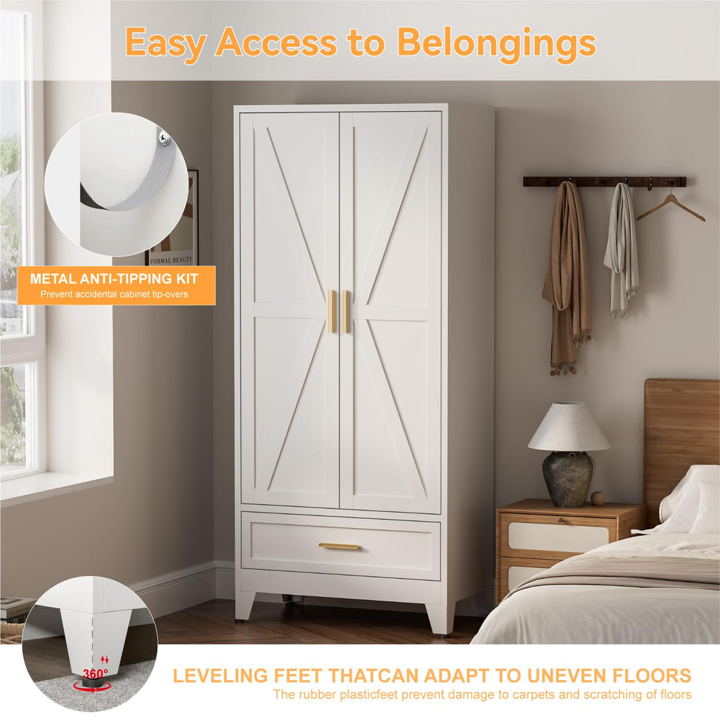71 Farmhouse Metal Wardrobe Closet with Hanging Rod, 2 Barn Doors, Adjustable Shelves, Steel Armoire with Drawer White
