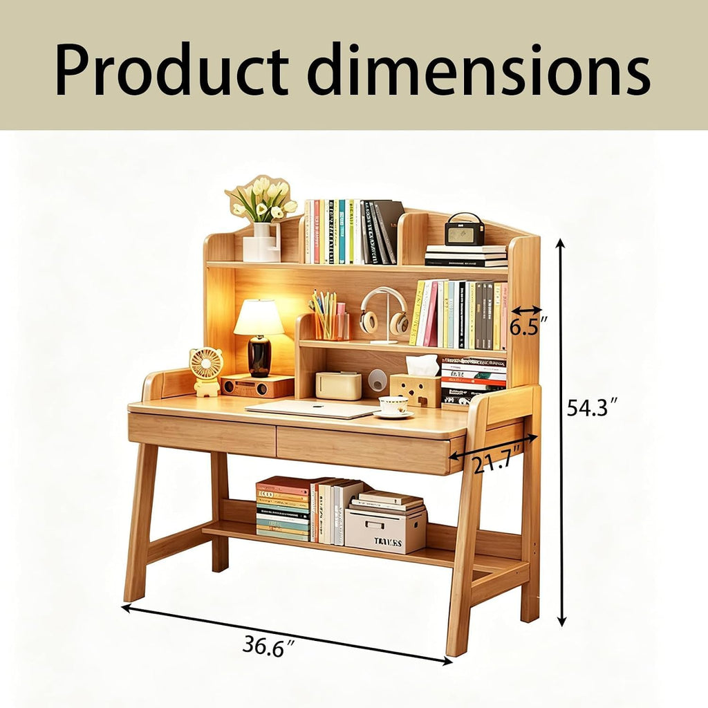 Kids Study Desk with Hutch and Storage Drawers, Level Height Adjustable Children's Writing Table with 2 Drawers