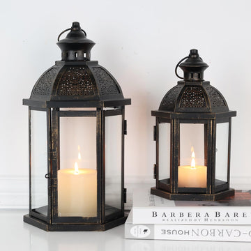 Large Lantern Decorative Outdoor & Indoor, Set of 2 (15''&11'') Metal Candle Lanterns Decor, Vintage Hanging Candle