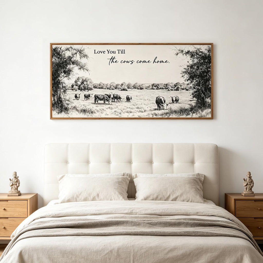 Large Framed Vintage Cow Sketch Farm Canvas Wall Art, Love U Till the Cows Come Home Quote Wall Decor for Farmhouse