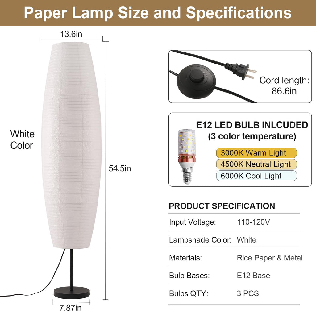 Paper Lamp Floor Lamp White Paper Lantern 3-Lights Bulbs Included