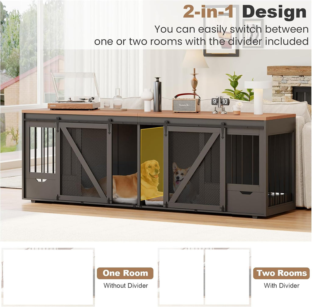 94.5" Dog Crate Furniture with Feeding Drawer for Large Dogs, Black