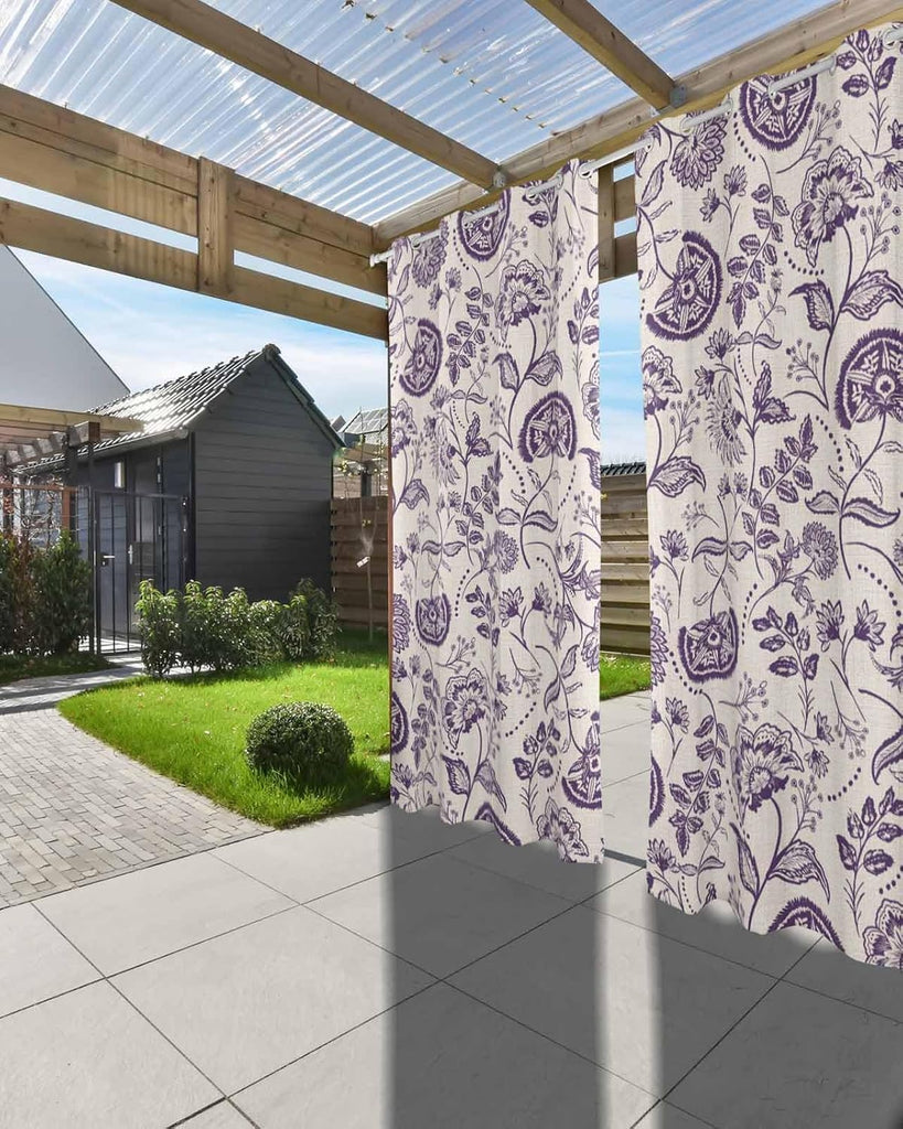 Outdoor Curtains Waterproof, Farmhouse Dark Purple Floral Linen Boho Paisley Flower Rustic Grommet Weatherproof
