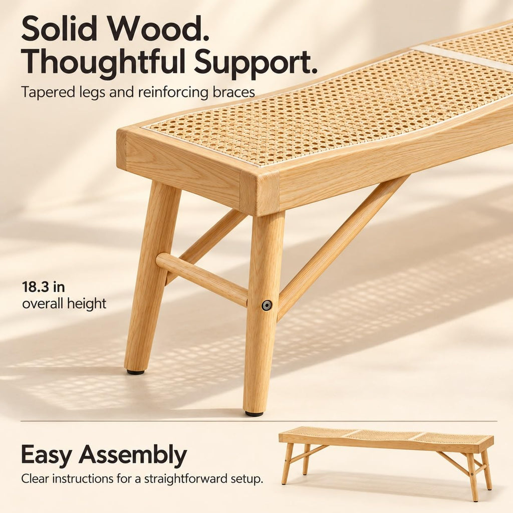 55" Modern Dining Bench, Solid Oak Wood Bench with Rattan Seat, Entryway Bench Table, Indoor Wooden Bench, Easy