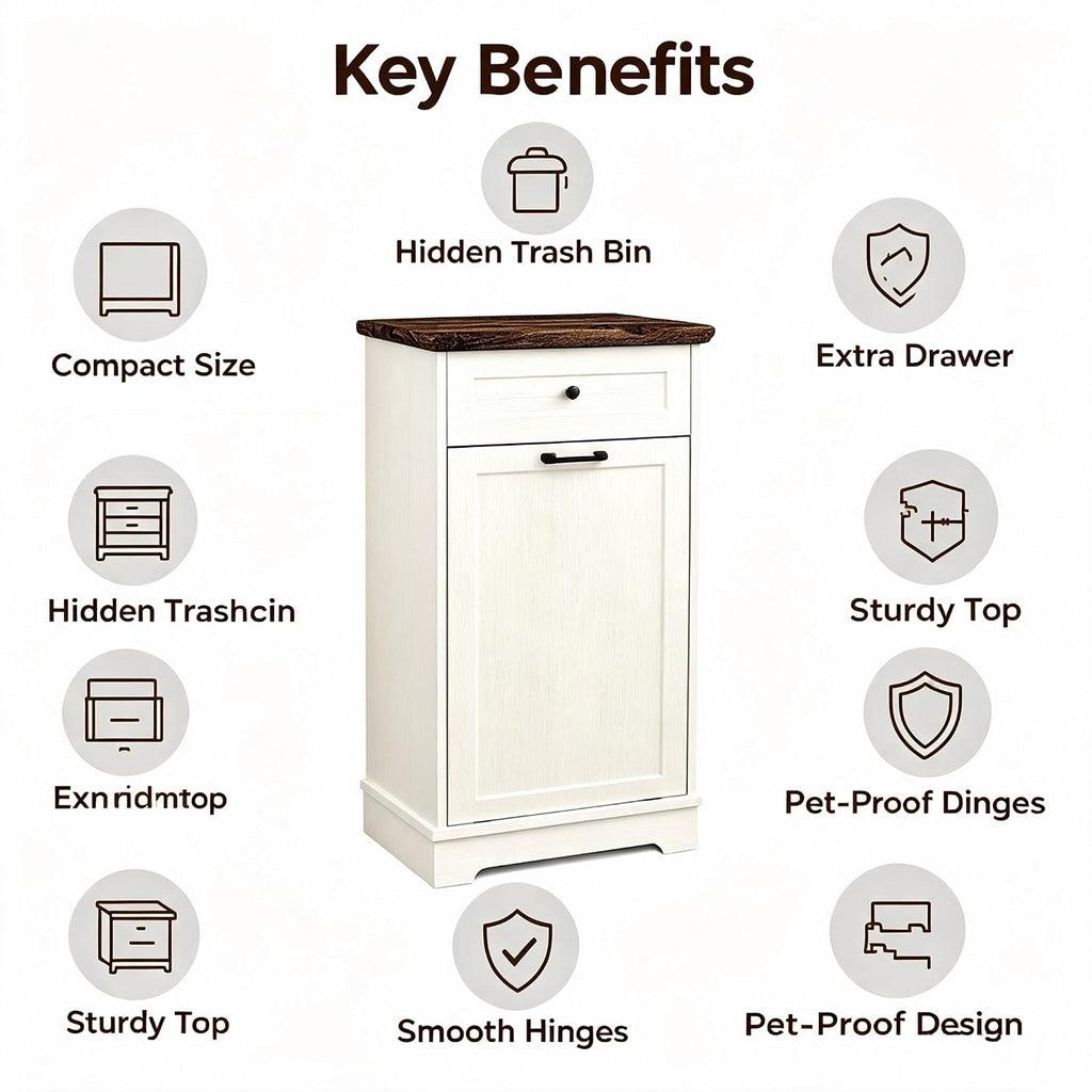 13 Gallon Tilt Out Trash Cabinet Freestanding Wood Garbage Recycling Station with Storage Drawer, Pet Proof Trash Can