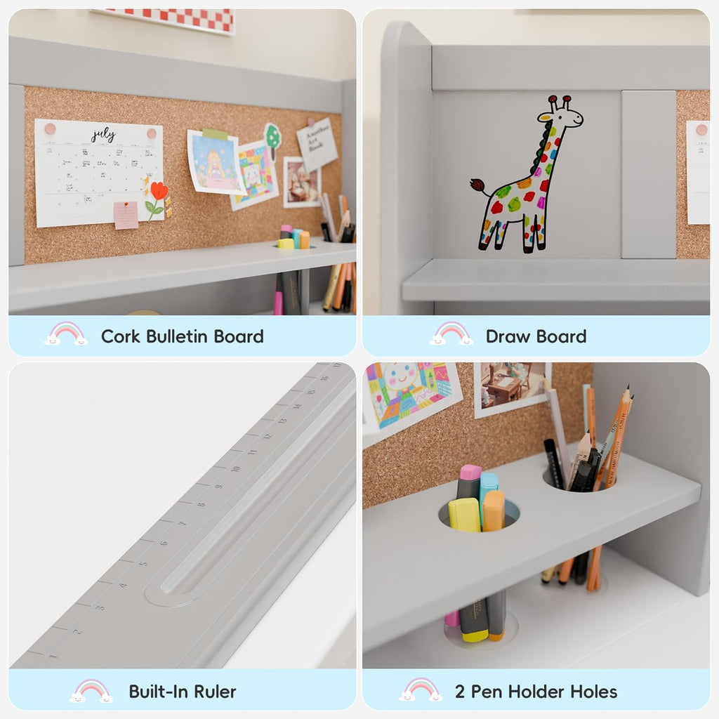 Kids Desk and Chair Set, Wooden Desk for Kids with Tiltable Desktop & Hutch, Kid Desk with Storage Cabinet, Study
