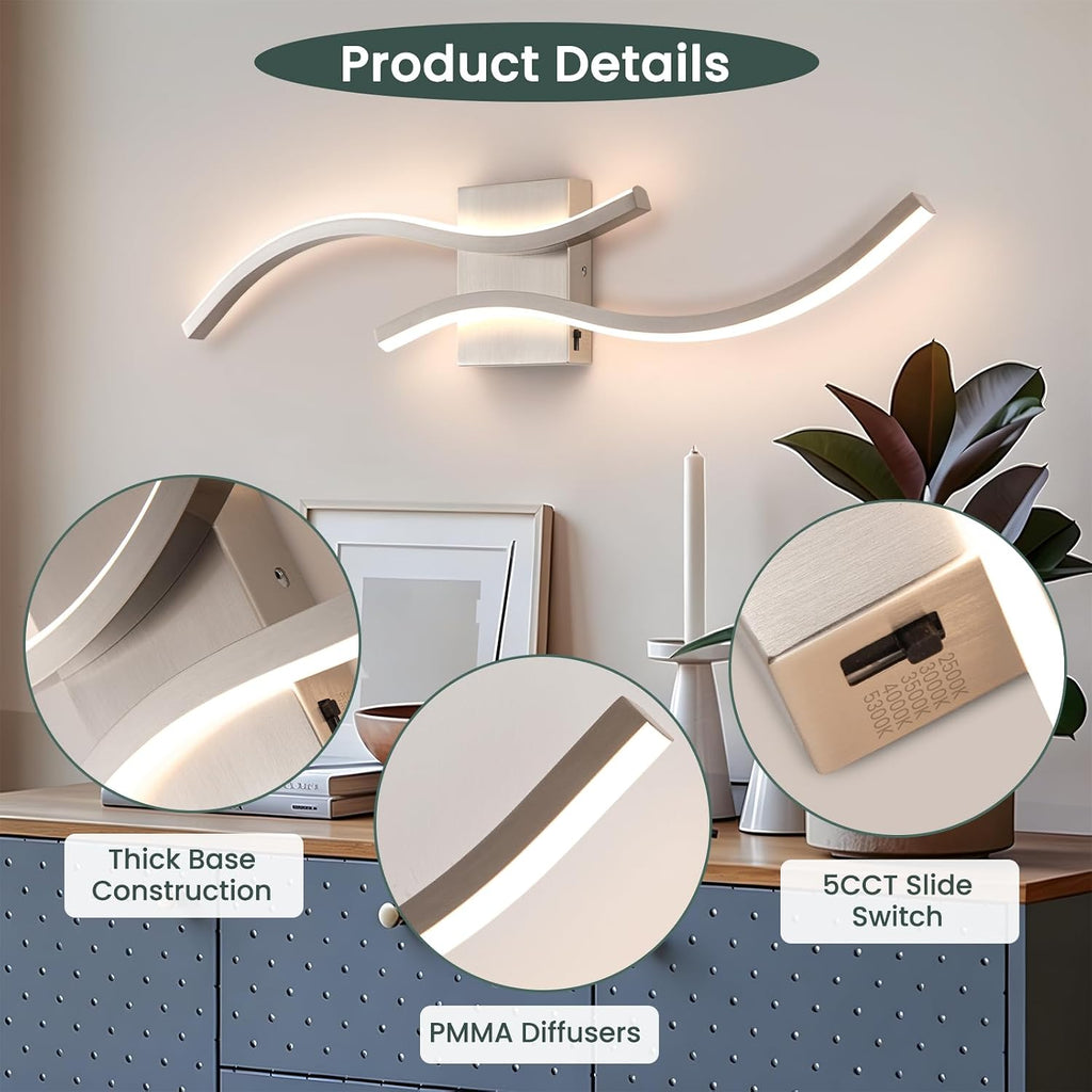 Modern Wall Sconces Set of 2,5CCT Wall Lights(Brushed Nickel,31.5in) | Brushed Nickel Wall Sconce with Night Light