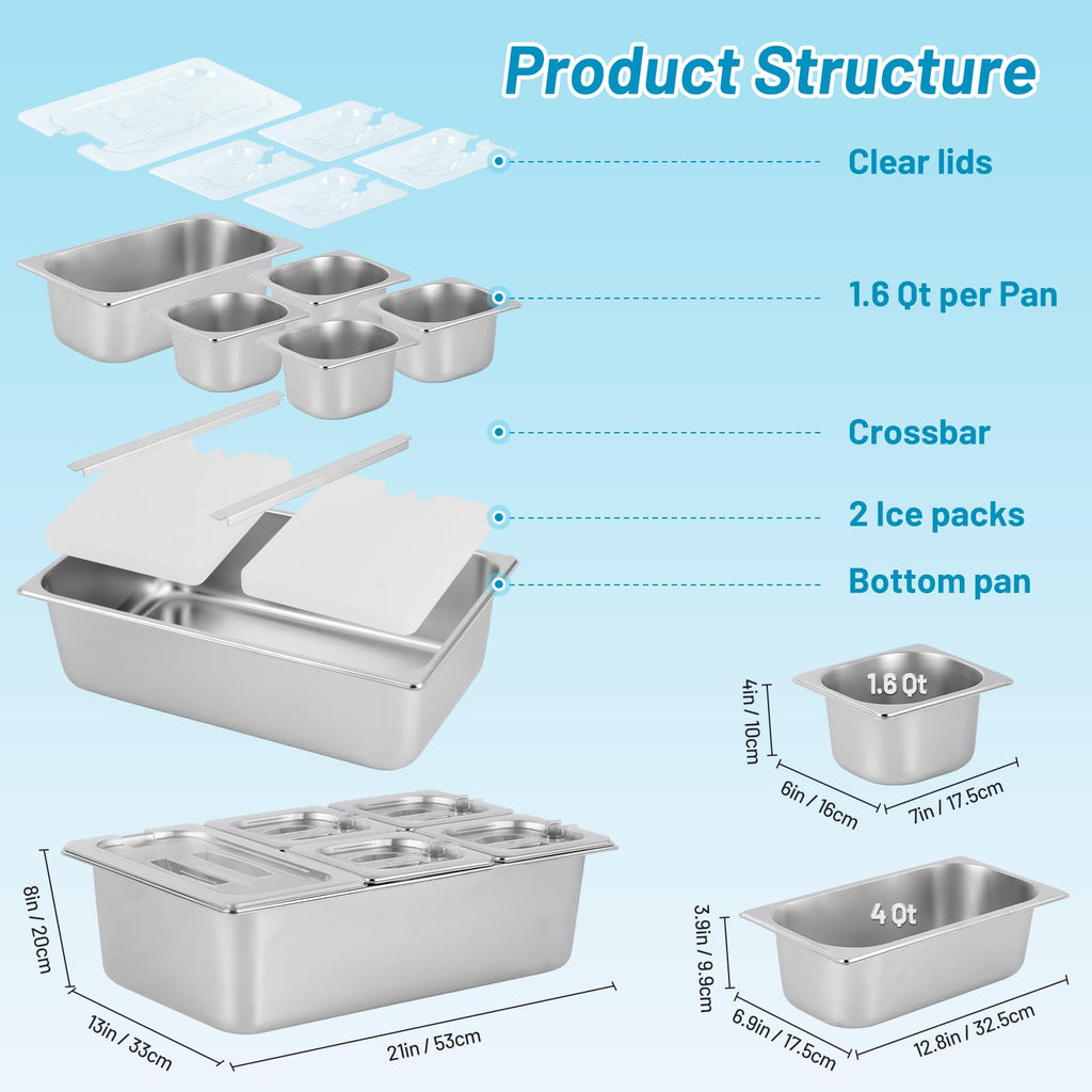 Cold Food Buffet Serving Trays 5 Pans (4 Pan×1.6Qt & 1 Pan×4QT) w/Ice Packs for Salad Bar Station Sauce Cooled