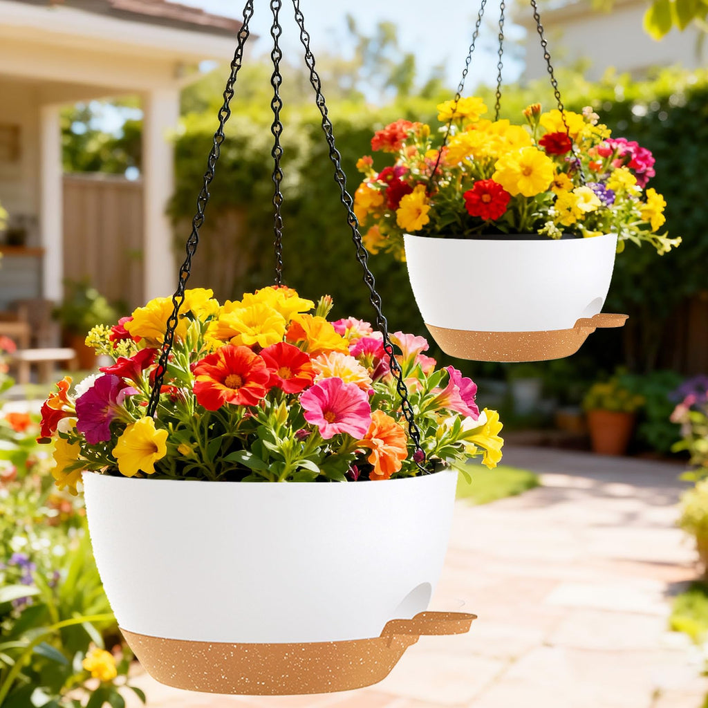 10 Inch Hanging Baskets 2 PC with Chains, Self-Watering Hanging Planters for Indoor Outdoor Plants, Plastic Hanging