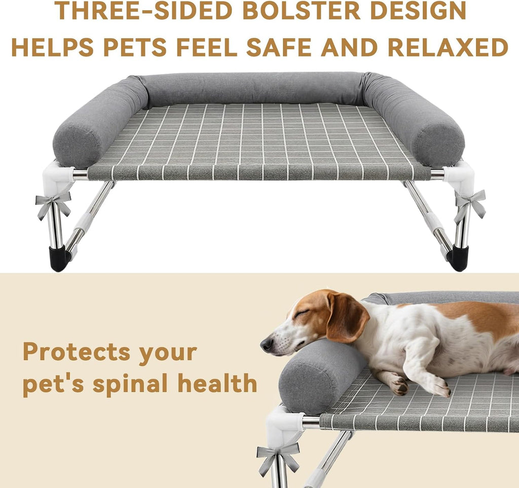 Elevated Dog Bed with 3 Sided Bolster - Raised Pet Cot for Small Dogs