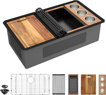 30" x 19" Undermount Matte Black Workstation Kitchen Sink | 16 Gauge T304 Stainless Steel Single Bowl Sink with