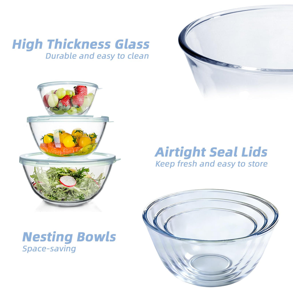 Glass Mixing Bowls Glass Bowls with Lids Set(4.5QT,2.7QT, 1.1QT),Large Salad Bowls,glass mixing bowl Space-Saving