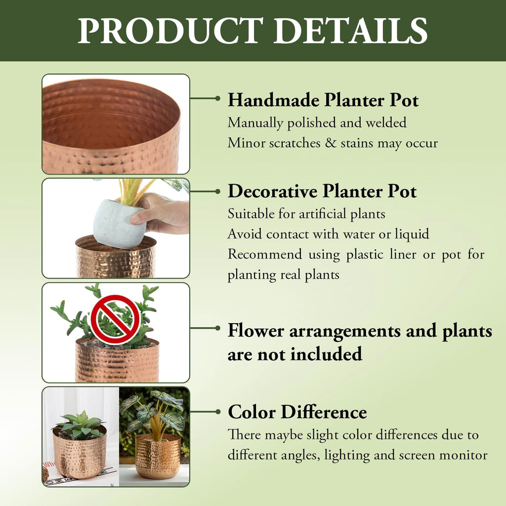 6 Inch Copper Tone Metal Plant Pot with Hammered Design, Decorative Small Succulent Planter - Handcrafted in India