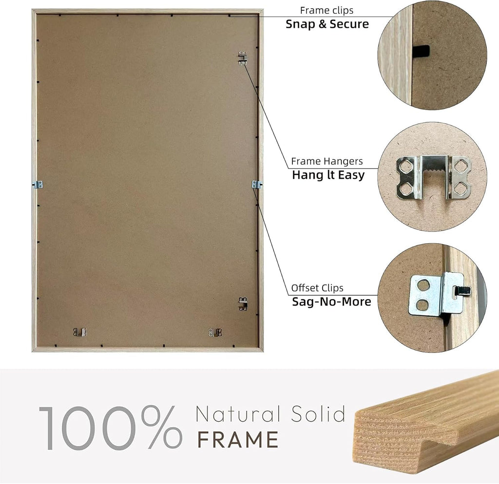 24x36 Frame Natural Wood, Display 20x30 with Mat or 16x24 Without Mat, Wall Hanging Poster Frames with Plexiglass