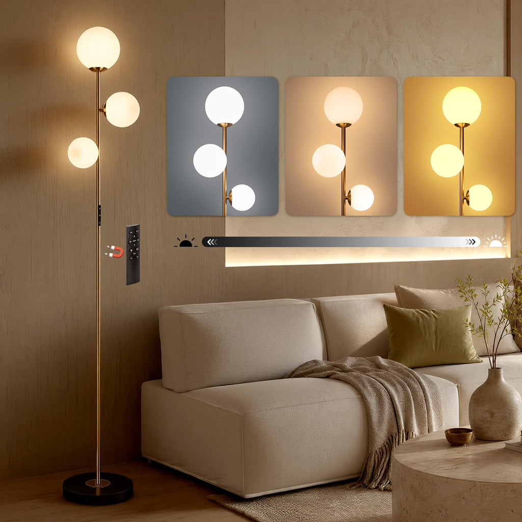 3 Globe Floor Lamp - Mid Century Modern Standing Light with 3 Color Temperatures, LED Frosted Glass Shades (Gold)