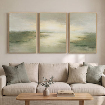 Large Framed Sage Green Abstract Landscape Wall Art, Set of 3 Each 20x30 In