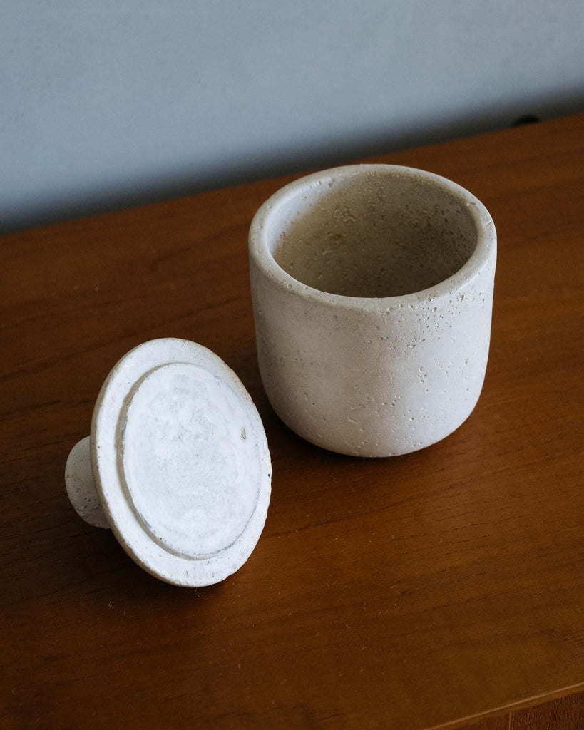 Travertine Stone Inspired Decorative Storage Jar with Lid, Beige Textured Wabi Sabi Storage Container, Vintage Mid