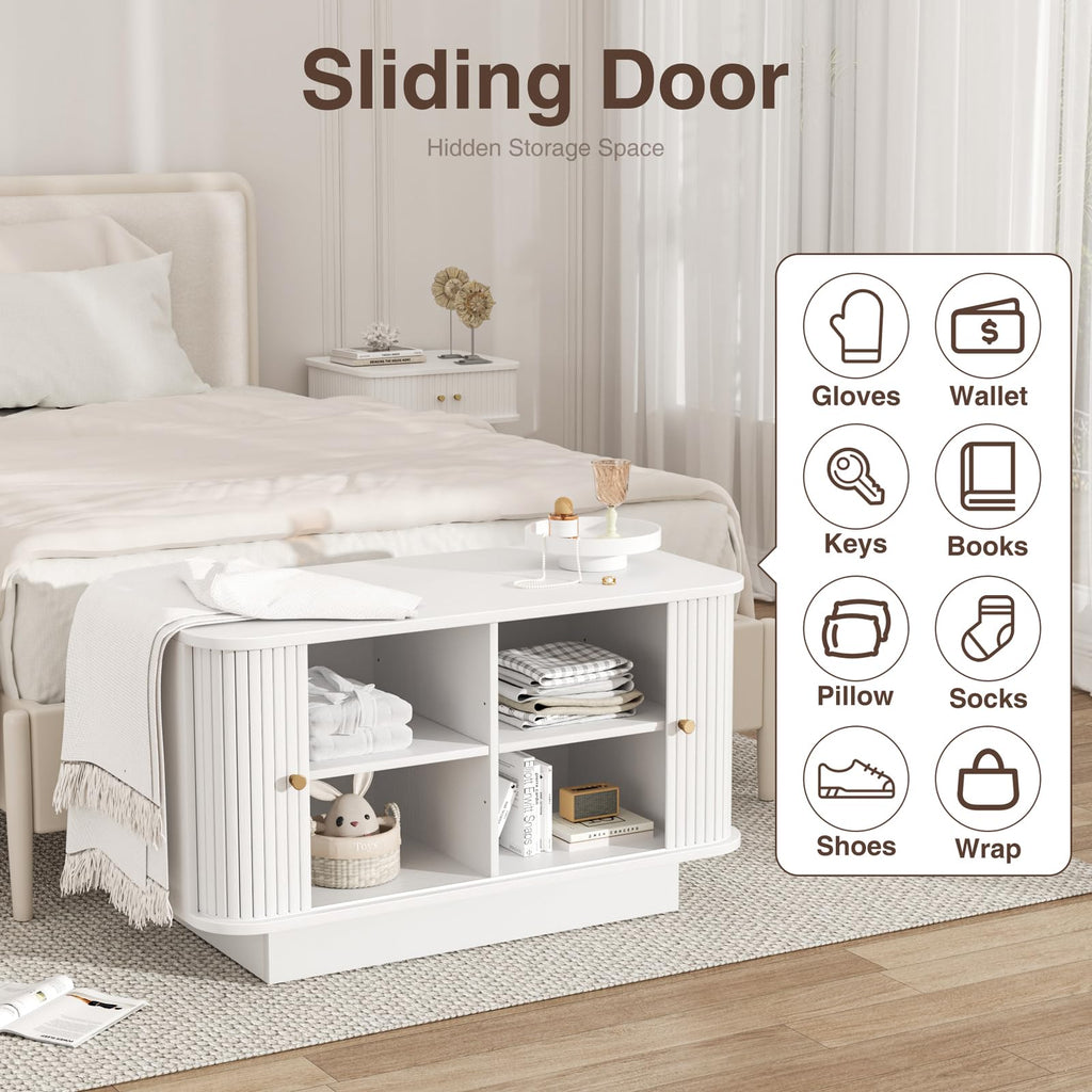 Fluted Shoe Storage Bench, 63" W Long Entryway Bench with Sliding Door, Mud Room Benches with Seat, Upholstered