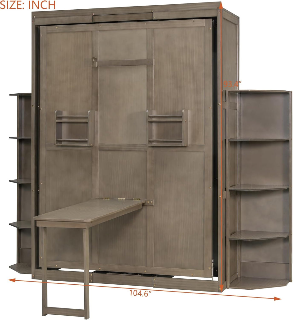 Murphy Bed Queen Hideaway Wall Chest with Cabinet,Dual 3-Tier Side Shelves,Convertible Desk,Space-Saving