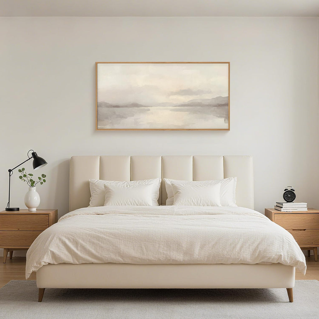Large Abstract Neutral Beige Pastel Framed Canvas Wall Art, Modern Watercolor Lakes Wall Decor, Nature Mountain