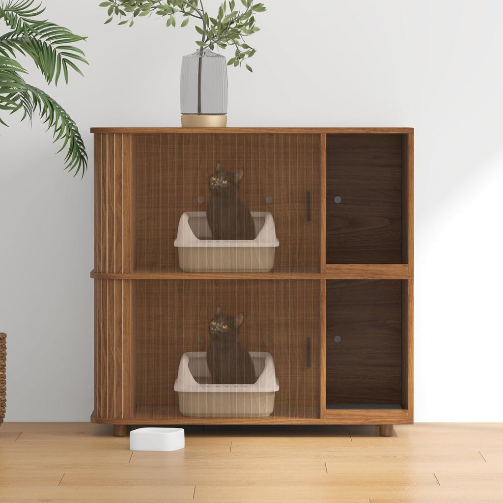 Double Cat Litter Box Enclosure with Sliding Doors & Ventilation, Walnut