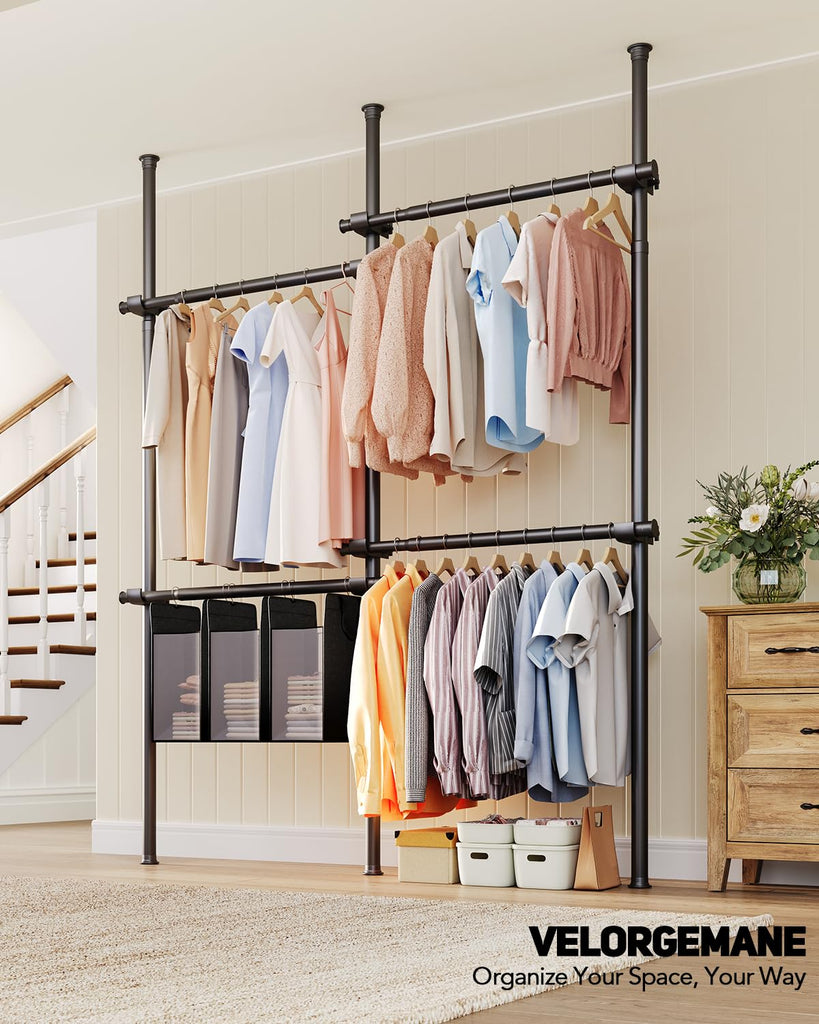 Floor-to-Ceiling Clothes Rack with 3 Laundry Hampers, Heavy-Duty Adjustable Closet Organizer, Modular Wardrobe