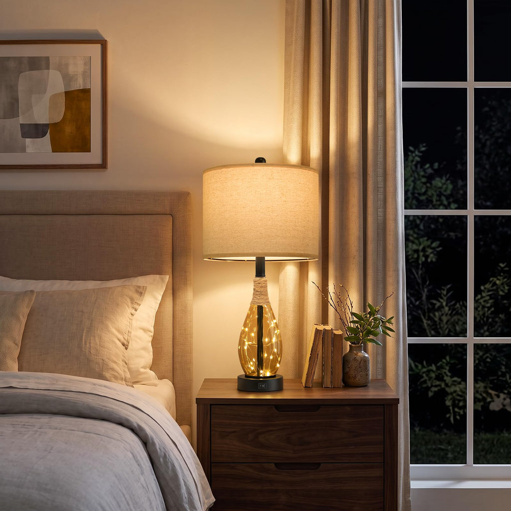 23" Table Lamps Set of 2 Bedside Lamps for Night Stands Bedroom Lamps Farmhouse Rattan Boho Lamp Glass Nightlight End