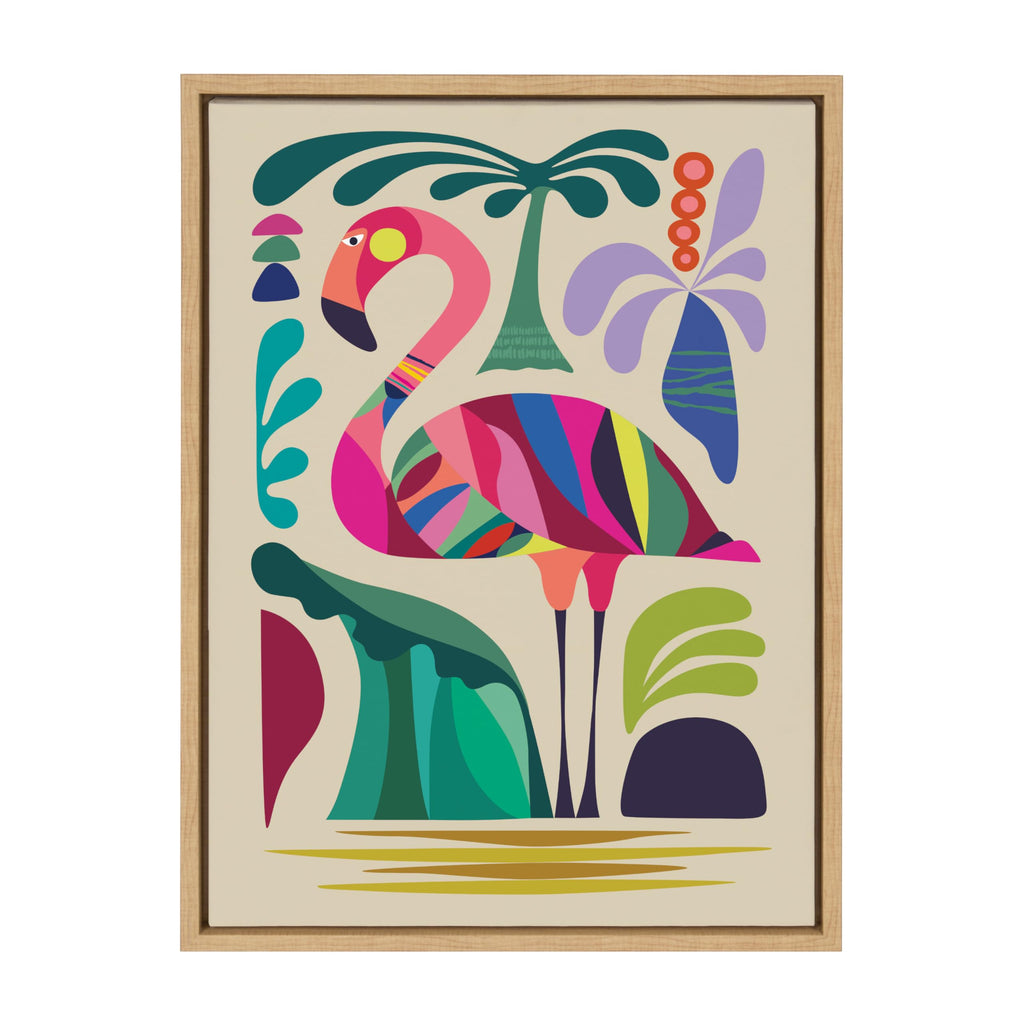 Sylvie MCM Flamingo Framed Canvas Wall Art by Rachel Lee; 18x24 Natural; Colorful Mid-Century Animal Art for Wall