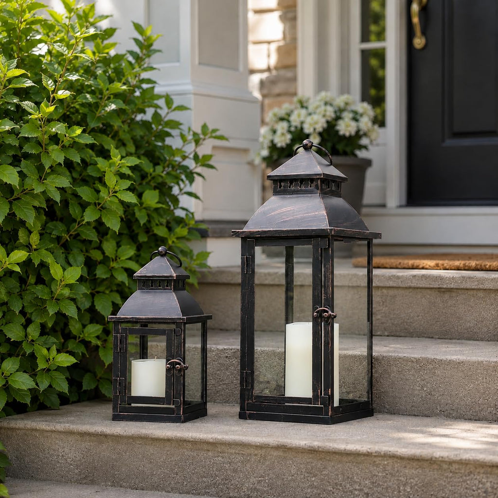 Lanterns Decorative Outdoor&Indoor, Set of 2 Large Bronze Metal Lantern Decor with Glass, Candle Holder for Porch