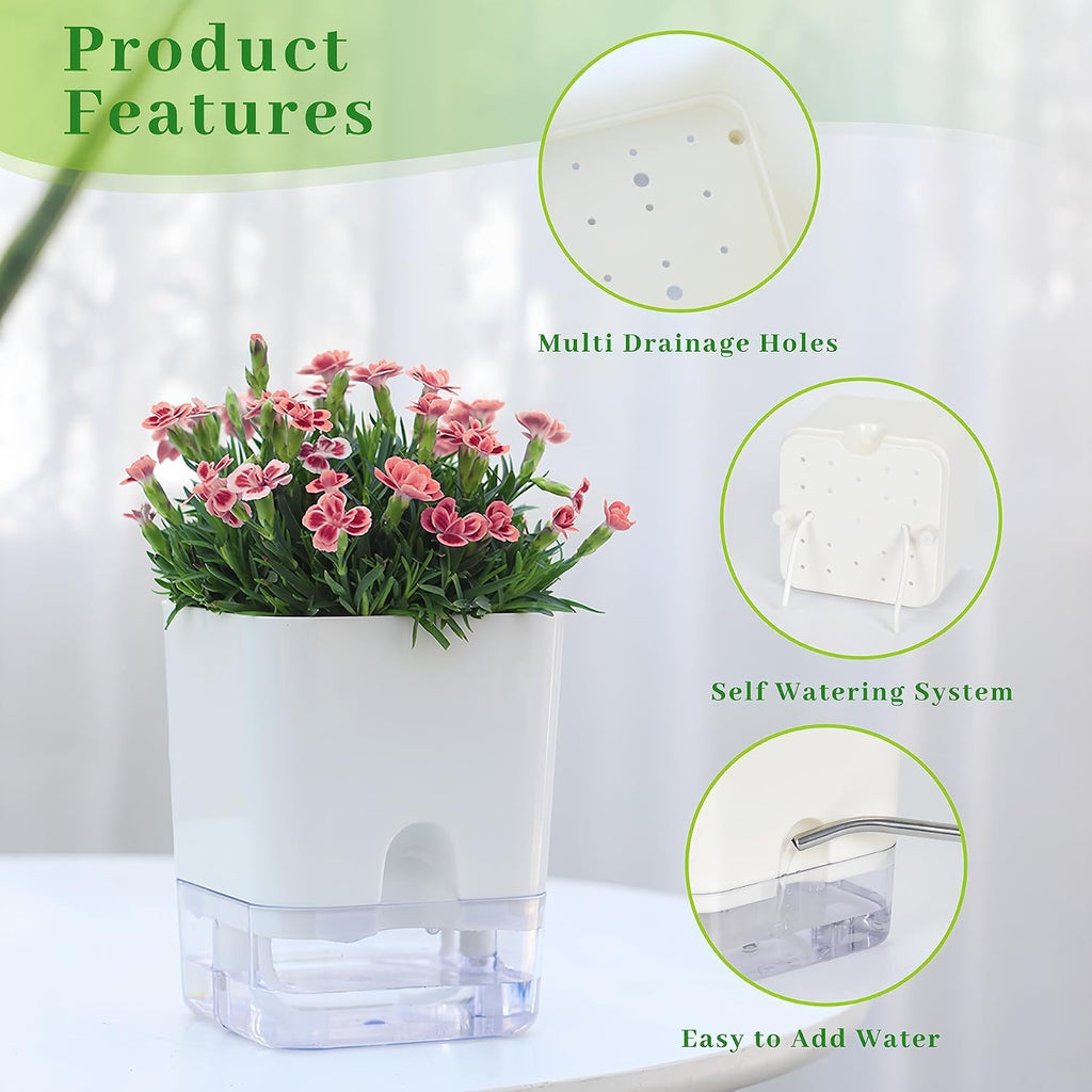 Self Watering Pots for Indoor Plants 4 Pack White Self Watering Planters with Water Reservoir and Cotton Wick System