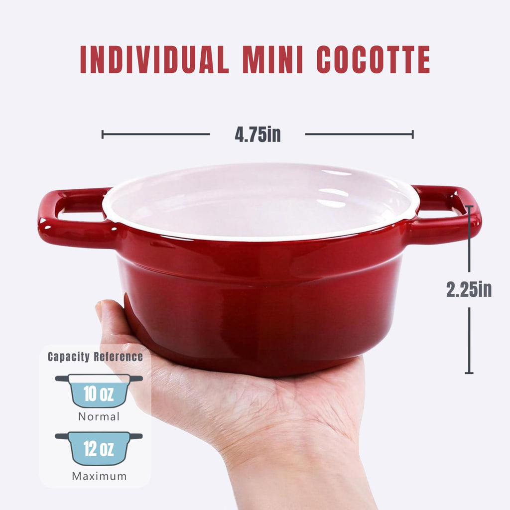 Mini Cocotte 12oz Ceramic Casserole Dish Set with Lid, Red
