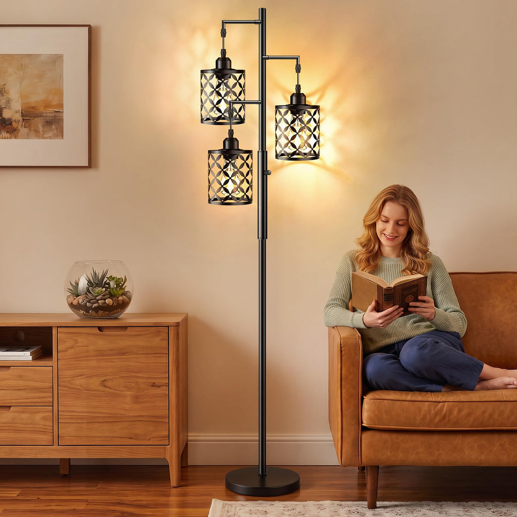 68" Industrial Tree Floor Lamp, Dimmable Farmhouse Tall Standing Lamp with Quatrefoil Cutout Shades & Rotary Dimmer