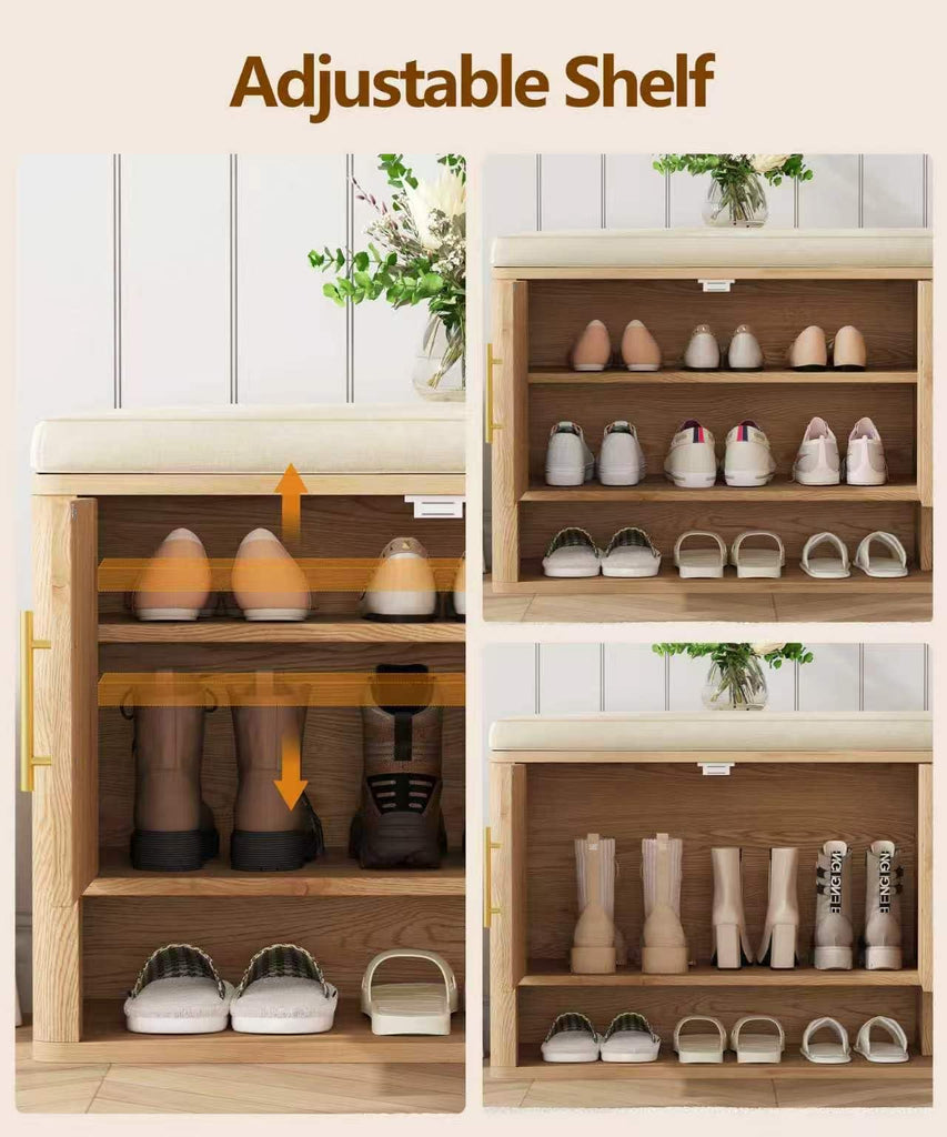 Fluted Shoe Storage Bench, Entryway Bench with Adjustable Shelves