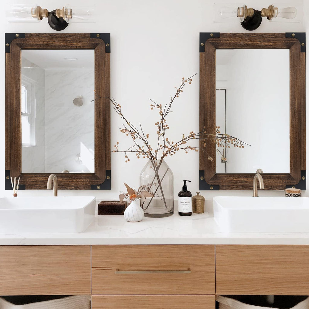 Rustic Bathroom Mirror 24x36 Inch Wood Frame Vanity Wall, Iron