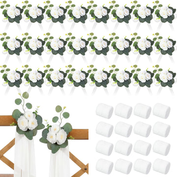 24 Sets Wedding Aisle Decorations for Wedding Ceremony Chair Artificial Roses and Eucalyptus Leaves with White