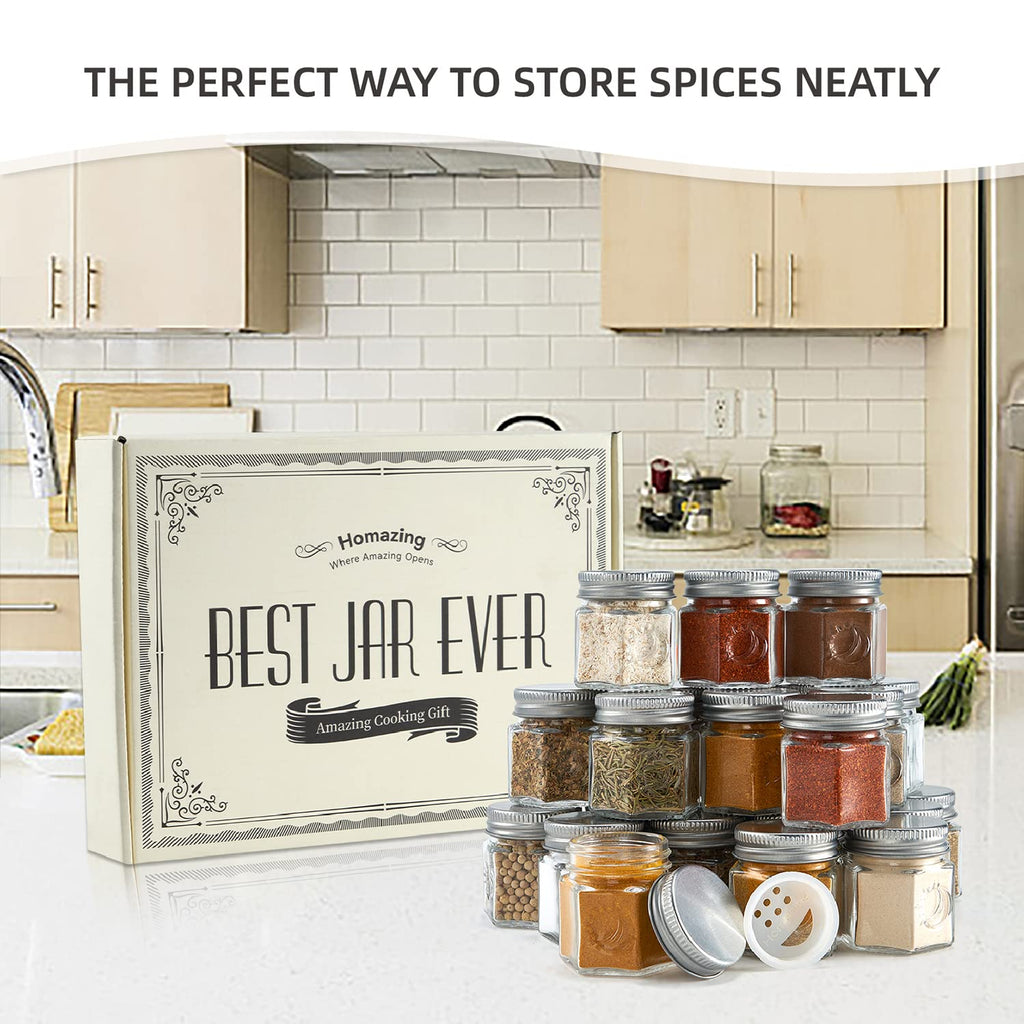 Set of 24 Hexagon Glass Spice Jars with Shaker Lids and Labels for Refrigerator, Kitchen, RV Travel Trailer Magnetic