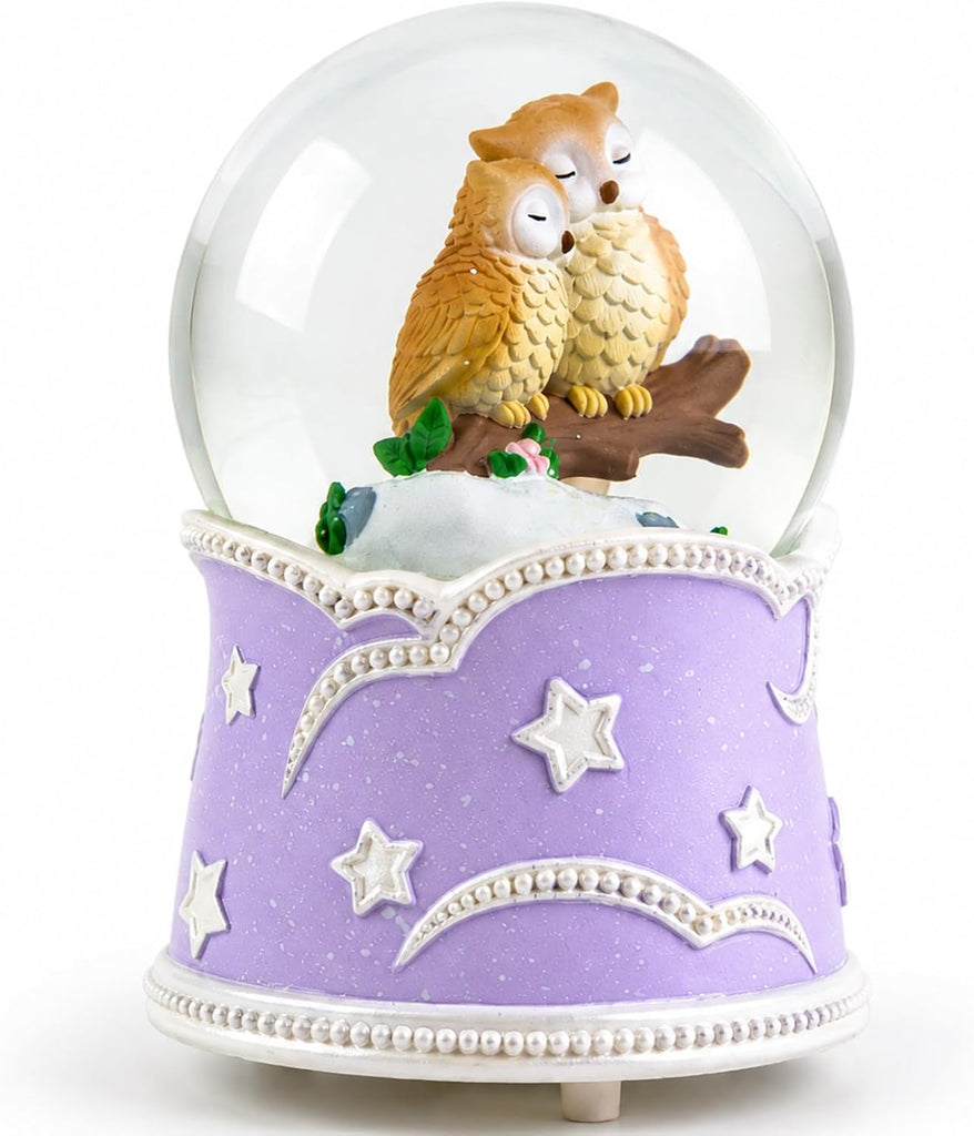 Owl Snow Globe Music Box with Color Lights, Beautiful Dreamer Tune, Glitter Musical Snow Globe, Rotating Owls