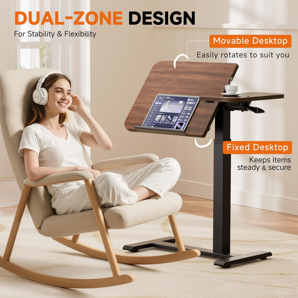 Tiltable Mobile Small Standing Desk, Pneumatic Adjustable Height Overbed Bedside Table with Wheels, Sit Stand