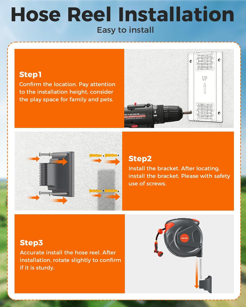 1/2 Inch 100FT Retractable Garden Hose Reel Wall-Mounted 180° Swivel 9-Patern Nozzle Automatic Slow Return Any Length