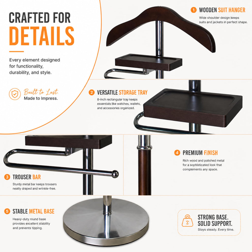 Brown Wooden Suit Valet Stand with Hanger Trouser Bar Storage Tray Elegant Clothes Organizer Closet Space Saving