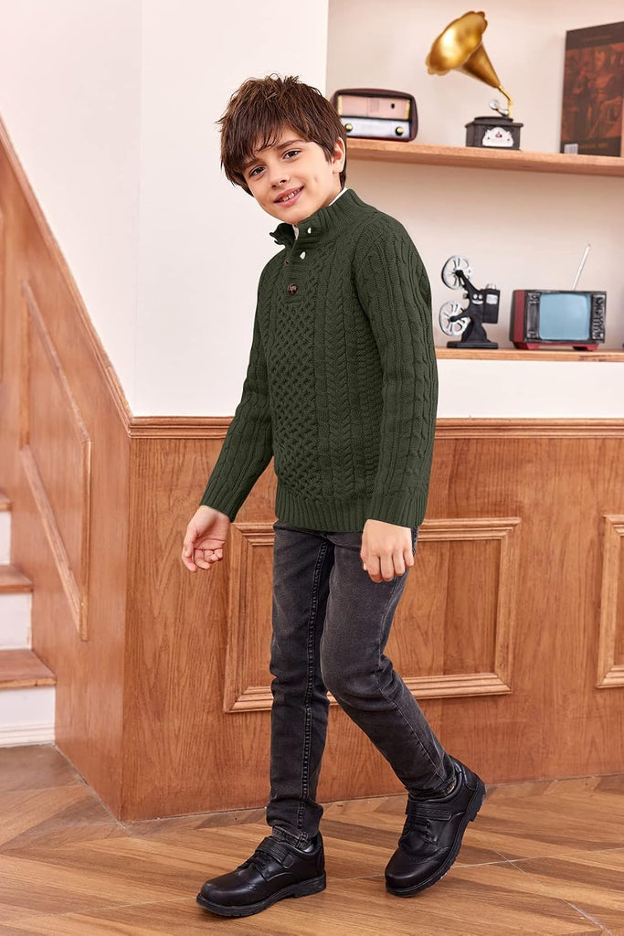Boys Mock Neck Pullover Sweater Button Cable Knit Jumper