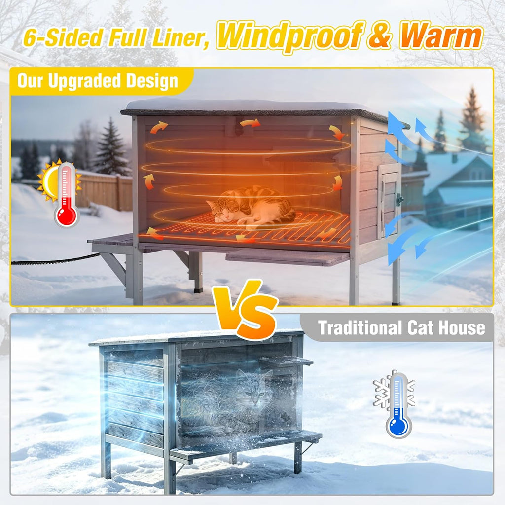 Heated Outdoor Cat House with Heating Pad, Insulated Liner