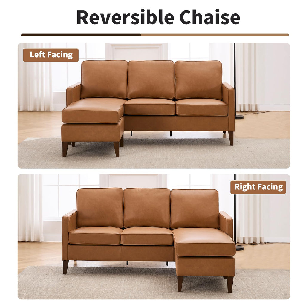 Faux Leather L Shaped Couch with Solid Wood Feet, 3-Seater Sofa with Reversible Chaise, Sectional Couches, Cognac