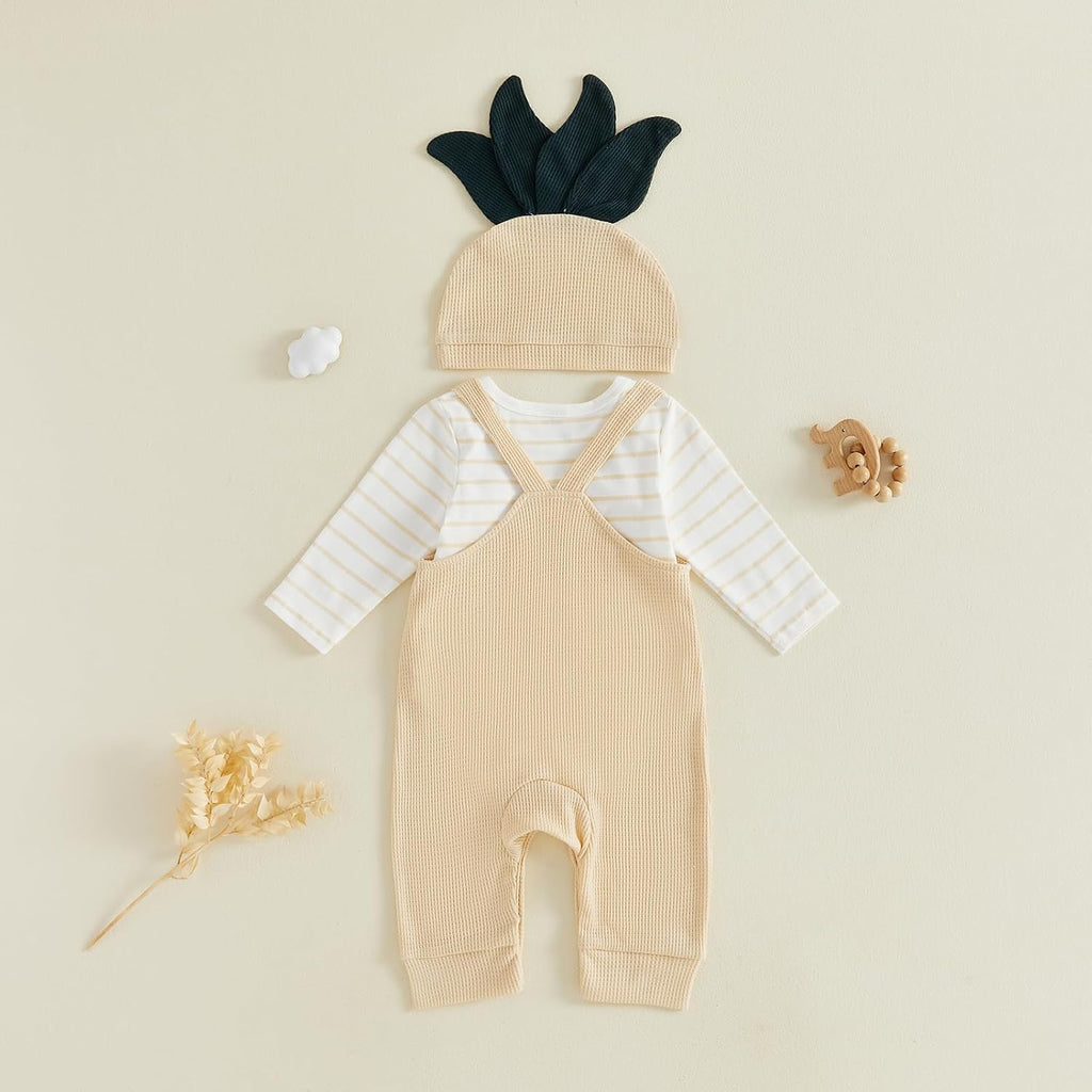 Newborn Baby Boy Fall Outfit Long Sleeve Striped Romper Top Letters Embroidery Waffle Knit Overalls Pants Hat Set