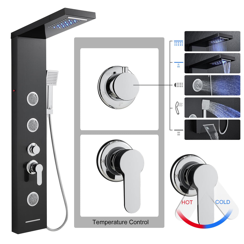 LED Shower Panel System with Massage Jets Stainless Steel Black