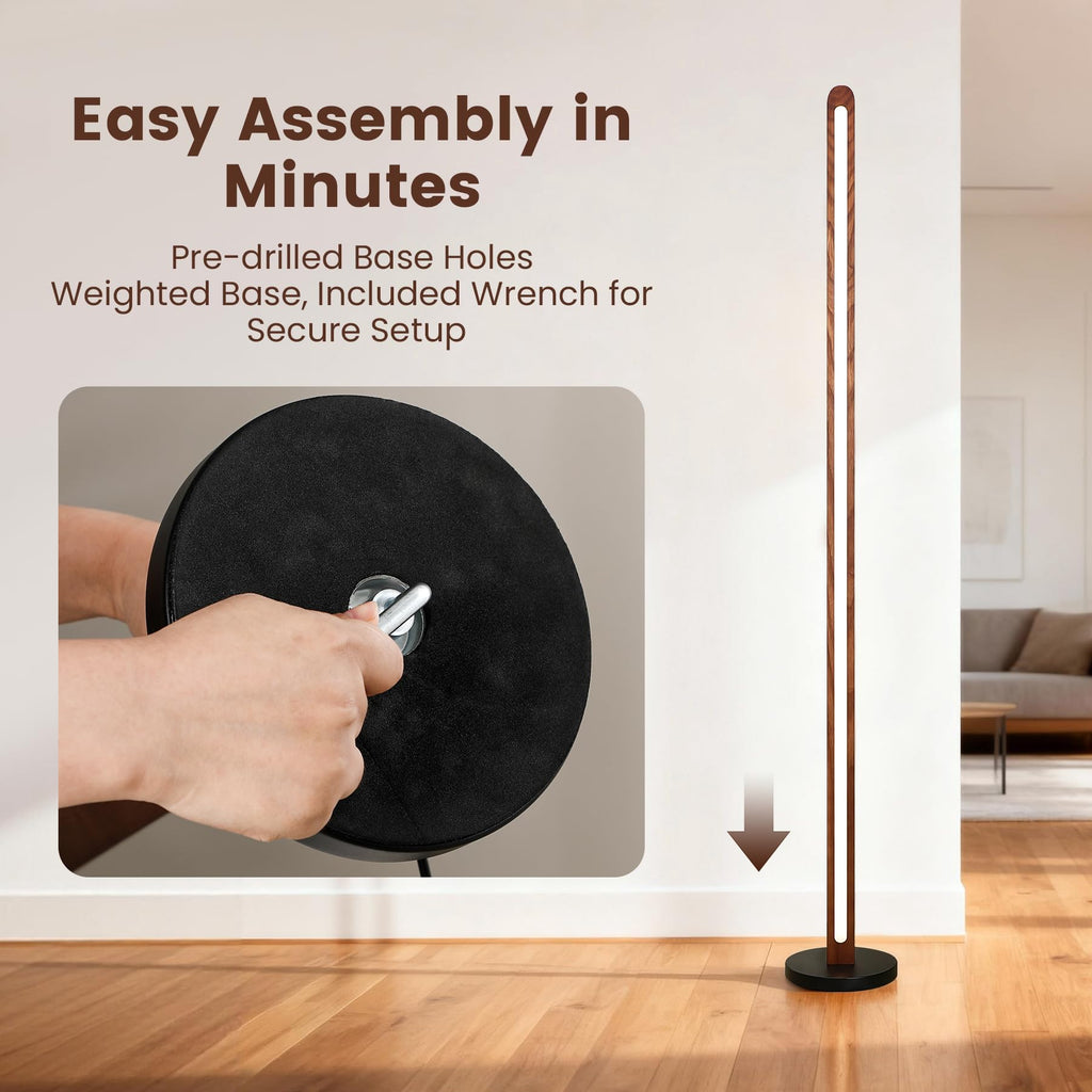 Handcrafted Walnut Ash Solid Wood Floor Lamp, Modern Dimmable Corner LED Standing Light with Remote & Foot Switch