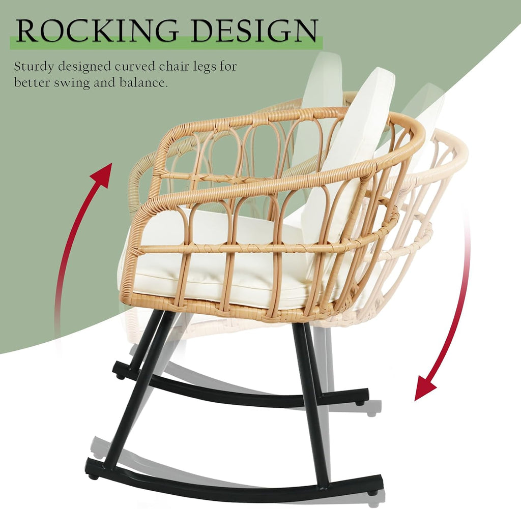 3 Pieces Rocking Chairs Set - Outdoor Wicker Rattan Rocking Chairs with Thickened Cushions, Boho Patio Furniture